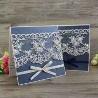 Lace  Card Handmade Invitation Dark Blue Wedding Invitation with Ribbon Bow
